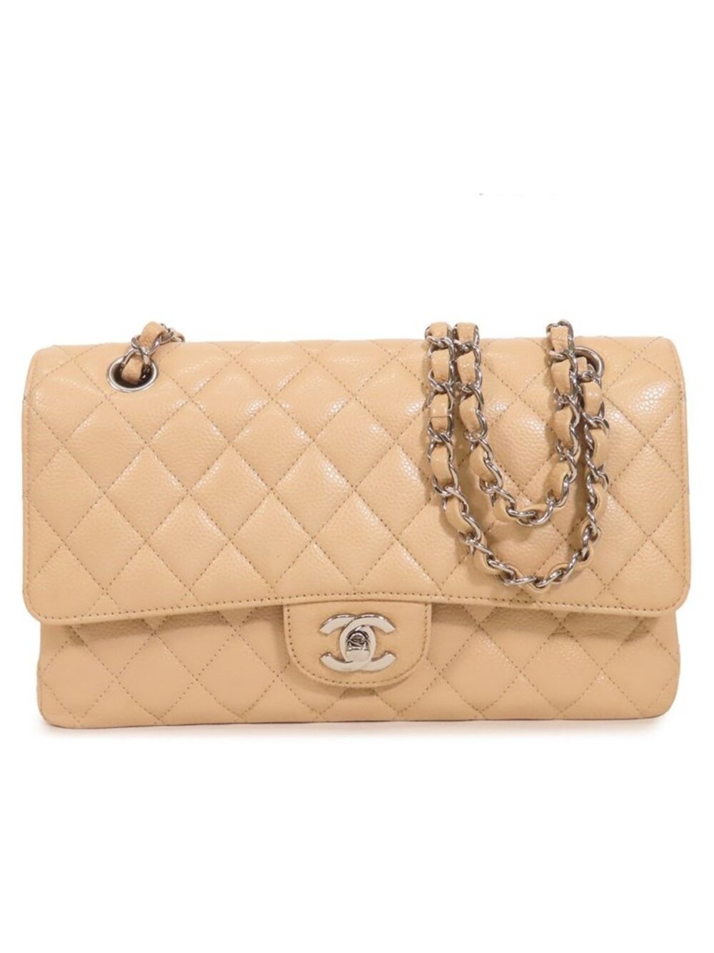 Chanel Chain Beige Silver Caviar Leather Quilted 25 Double Flap Shoulder Bag
